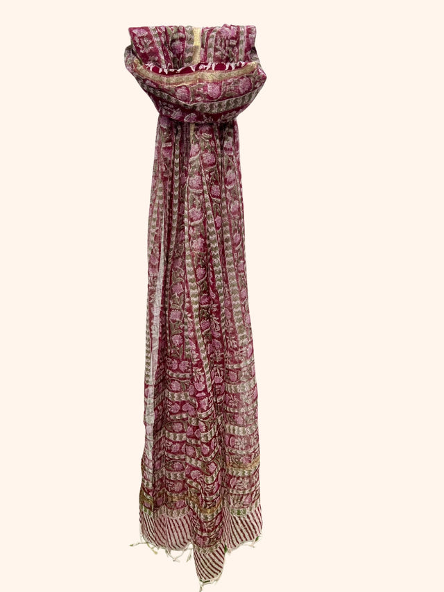 Red Floral Block Print Kota Doria Dupatta