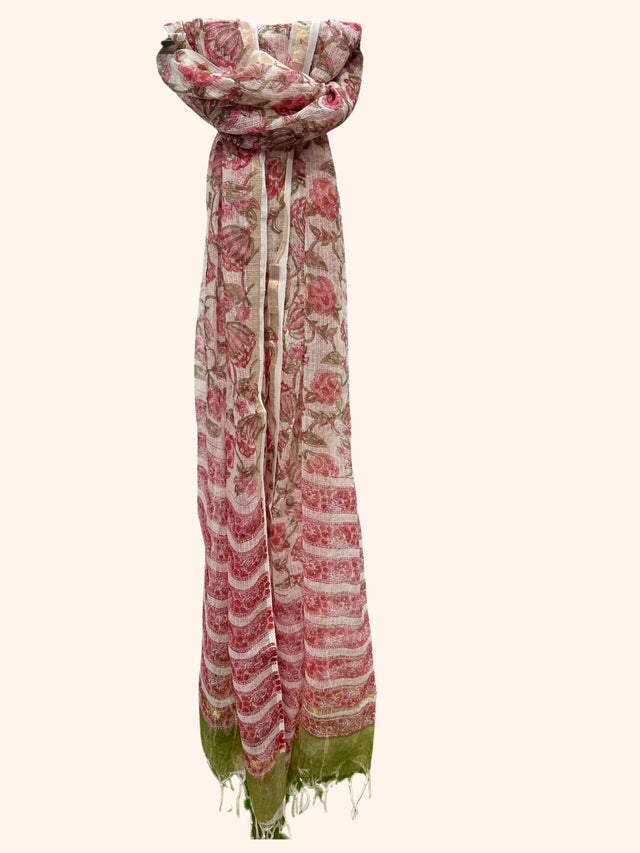 Red Floral Block Print Kota Doria Dupatta