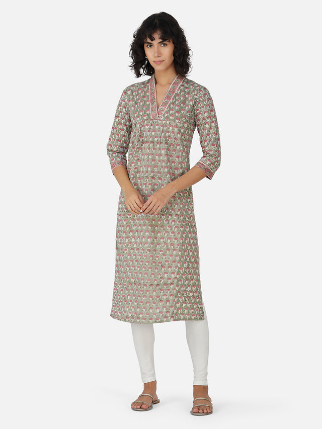 Green Floral Print Office Wear Kurta
