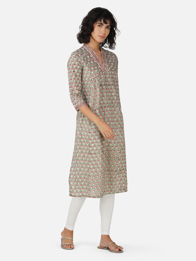 Green Floral Print Office Wear Kurta
