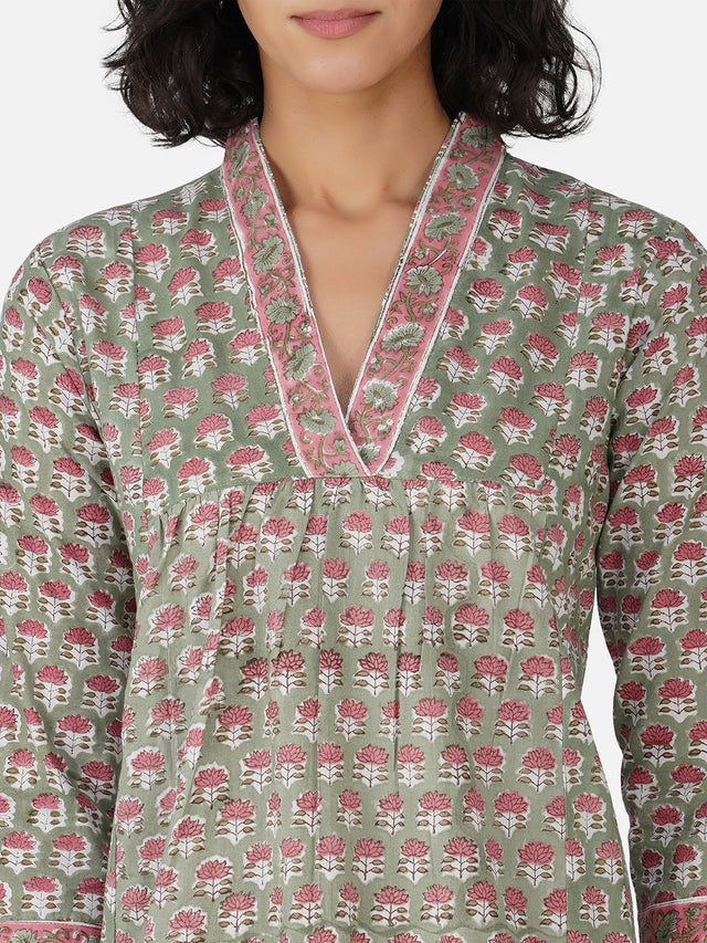 Green Floral Print Office Wear Kurta