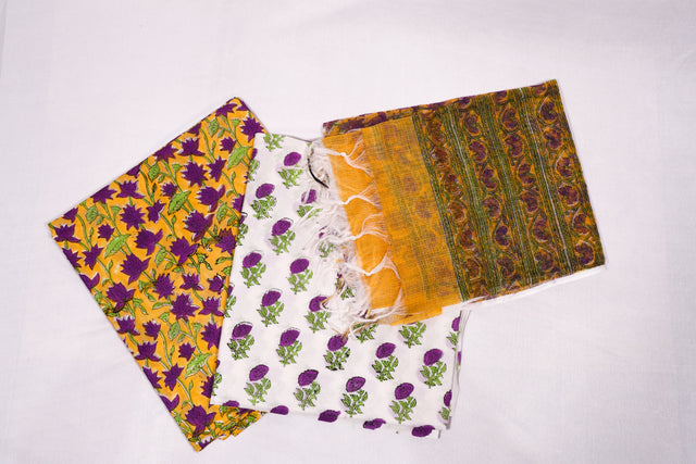 Golden yellow and purple Unstitched Suit set