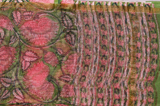 Green and pink floral Kota Doria Dupatta