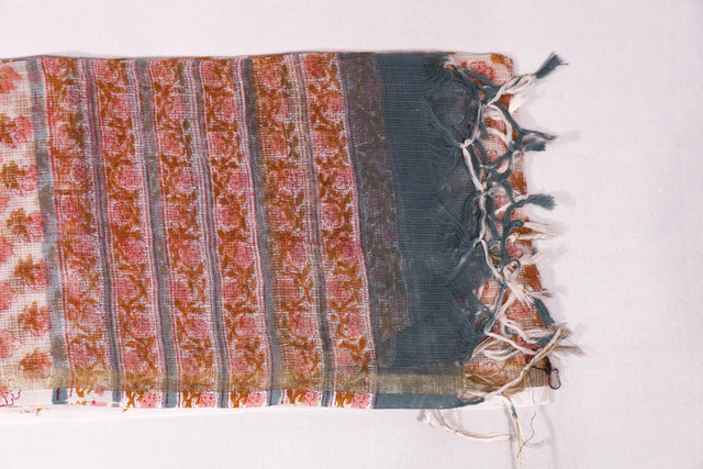Dark Peach and Teal blue floral Kota Doria Dupatta