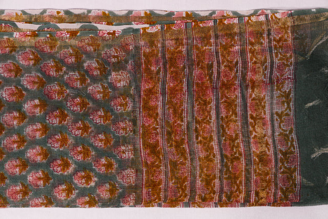 Cyan Green floral Kota Doria Dupatta