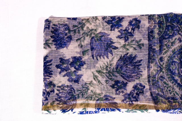 Navy blue and white floral Kota Doria Dupatta