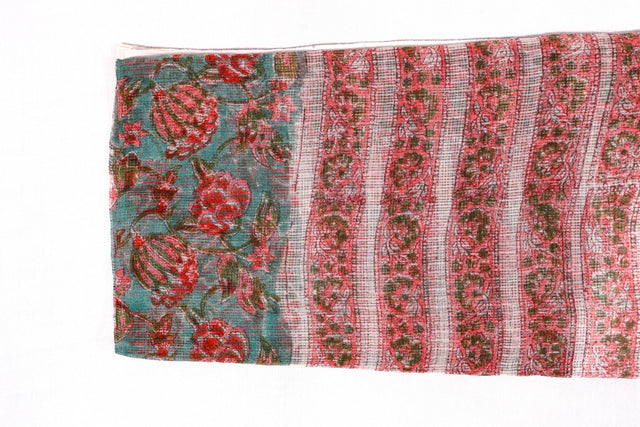 Mineral Blue and Coral Floral Kota Doria Dupatta