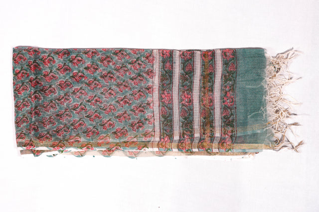 Cyan Blue and Muted Pink Floral Kota Doria Dupatta