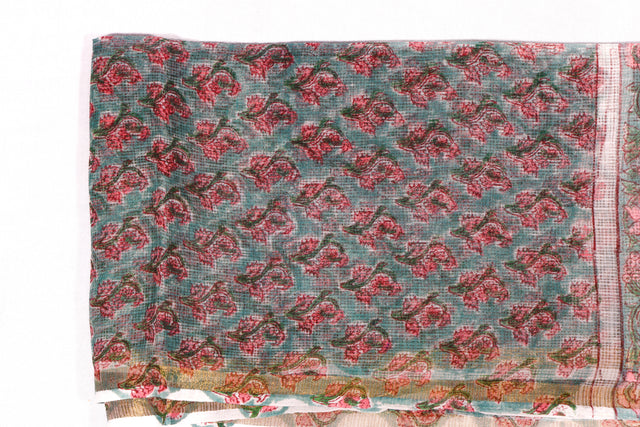 Cyan Blue and Muted Pink Floral Kota Doria Dupatta