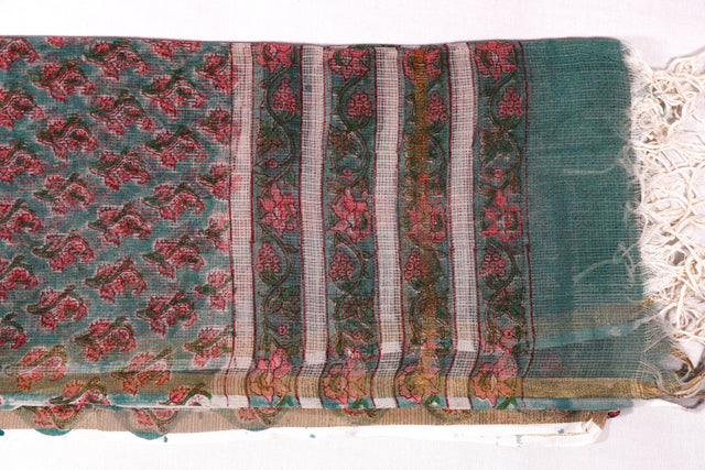 Cyan Blue and Muted Pink Floral Kota Doria Dupatta
