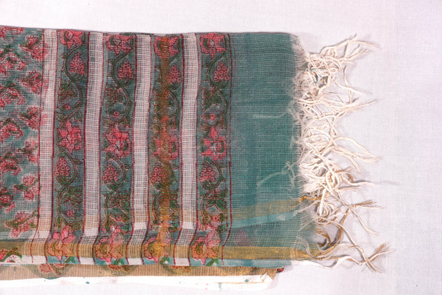 Cyan Blue and Muted Pink Floral Kota Doria Dupatta