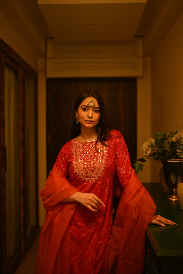 Red Embroidered Sharara Set