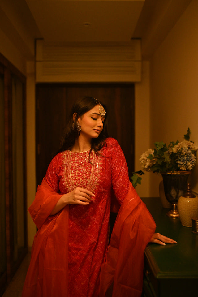 Red Embroidered Sharara Set