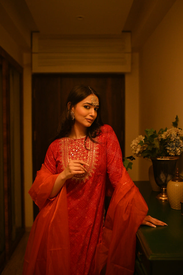 Red Embroidered Sharara Set