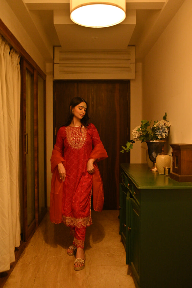 Red Embroidered Sharara Set