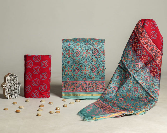 Beetle Green and Red Chanderi Unstitched Suit Set
