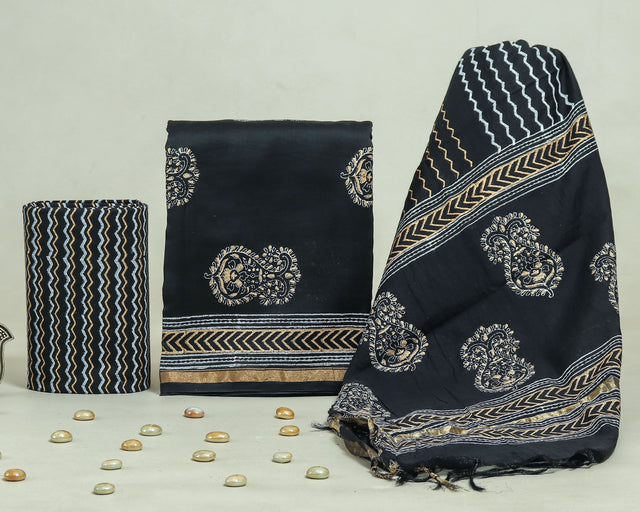 Black and Golden Chanderi Unstitched Suit Set