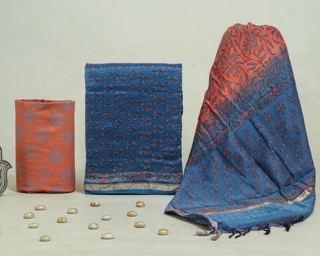 Blue and Orange Chanderi Unstitched Suit Set