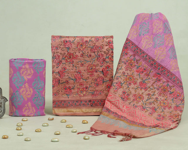 Copper rose and pink Chanderi Unstitched Suit Set