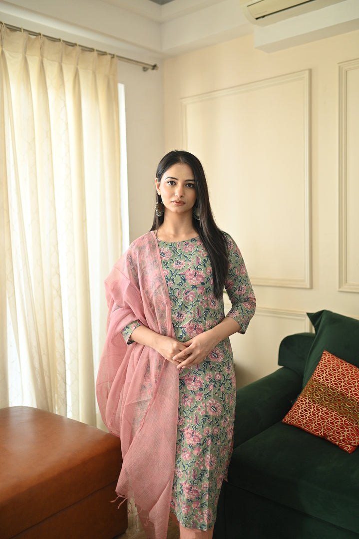 GEET-Jade Green Three Piece Suit Set With Printed Dupatta