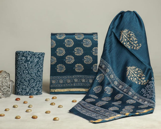 Dark Blue Chanderi Unstitched Suit Set