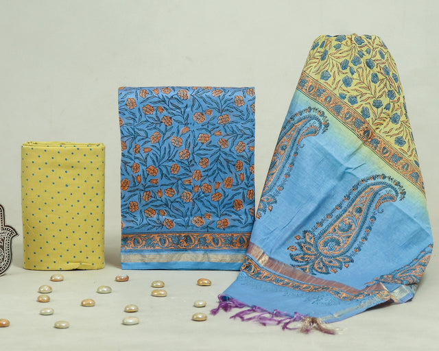 Denim Blue and yellow Chanderi Unstitched Suit Set