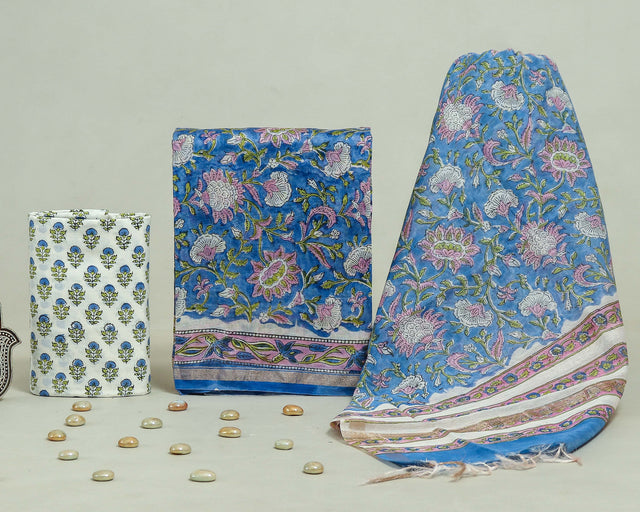 Dusk Blue and White Chanderi Unstitched Suit Set