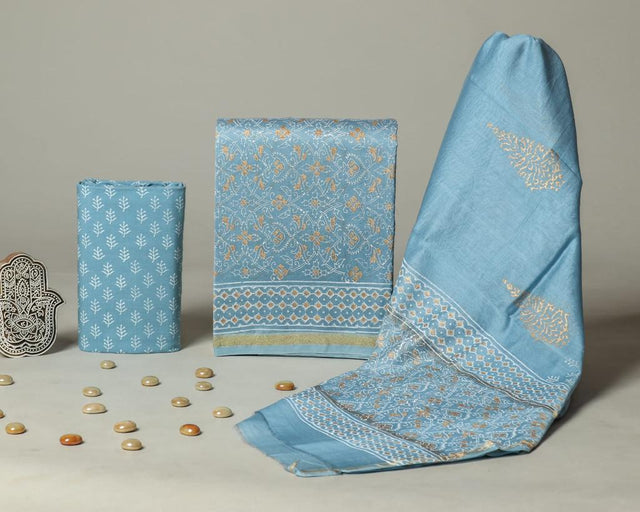 French Blue Chanderi Unstitched Suit Set