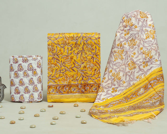 Golden Yellow and White Chanderi Unstitched Suit Set