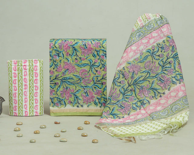 Green Pink and White Chanderi Unstitched Suit Set