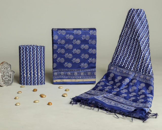 Ink Blue Chanderi Unstitched Suit Set