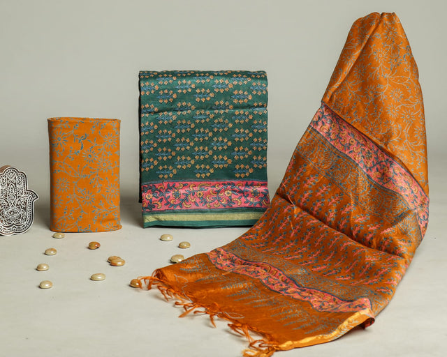 Jungle Green and Rust Chanderi Unstitched Suit Set