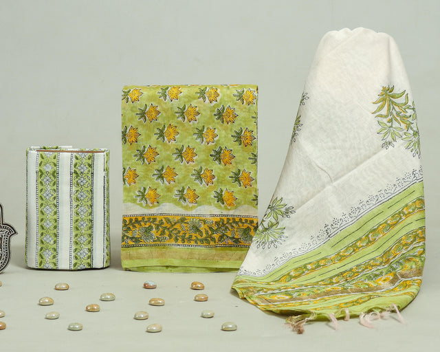 Lime Green and White Chanderi Unstitched Suit Set