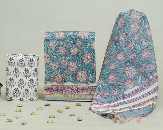 Marble Blue and White Chanderi Unstitched Suit Set