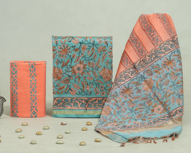 Salmon Orange and Cyan Blue Chanderi Unstitched Suit Set