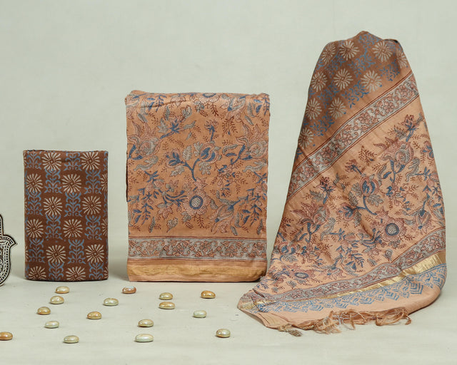 Sand Brown Chanderi Unstitched Suit Set