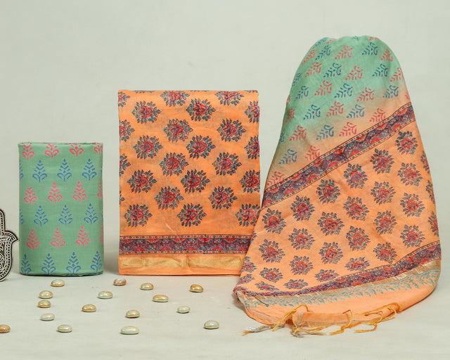 Sunrise Orange and Sage Chanderi Unstitched Suit Set