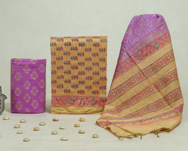 Tan and Purple Chanderi Unstitched Suit Set