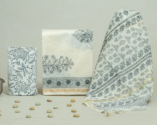 White and Pastel Grey Chanderi Unstitched Suit Set