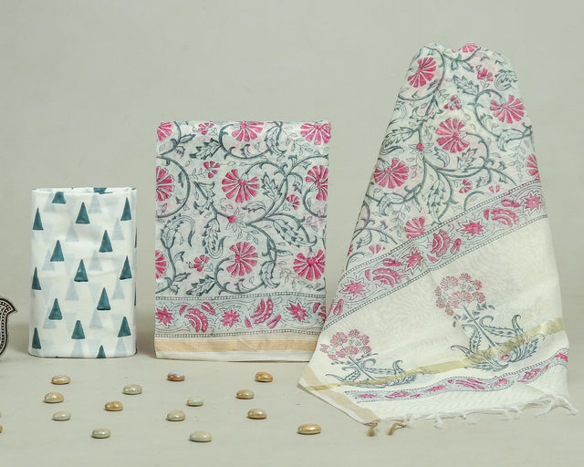 White Pink and Dust Blue Chanderi Unstitched Suit Set
