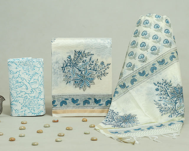 White and Blue Chanderi Unstitched Suit Set