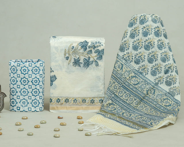 White and Blue Grey Chanderi Unstitched Suit Set