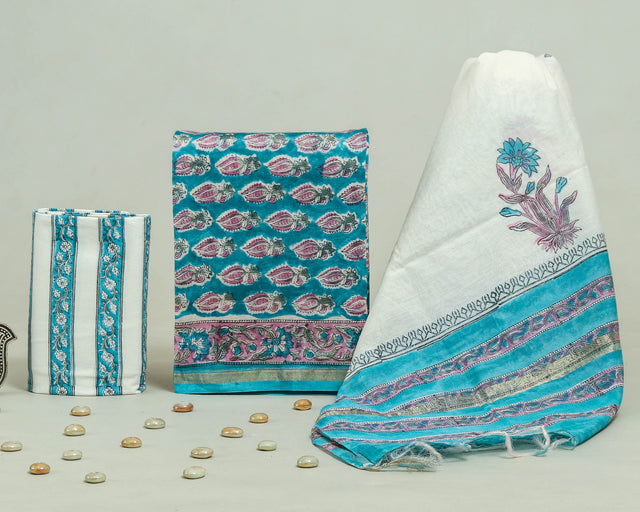 White and Ocean Blue Chanderi Unstitched Suit Set