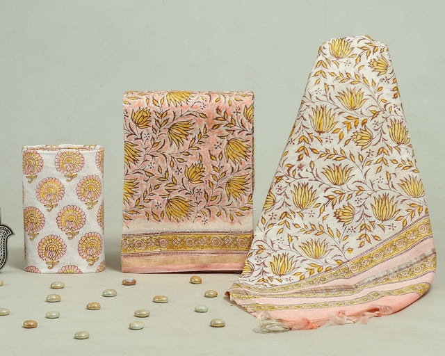 White and Peach Chanderi Unstitched Suit Set