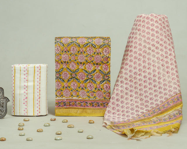 Yellow Pink and White Chanderi Unstitched Suit Set