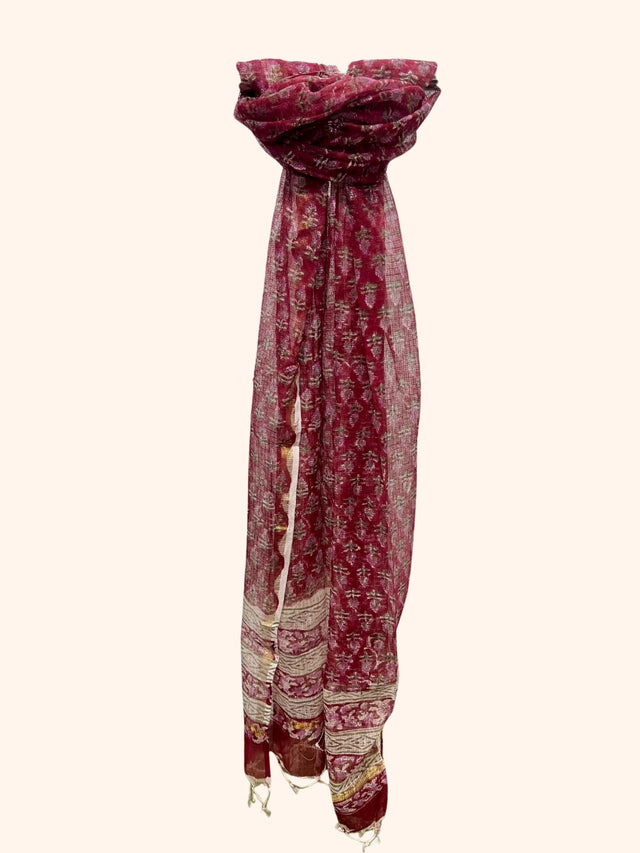 Red Block Print Kota Doria Dupatta