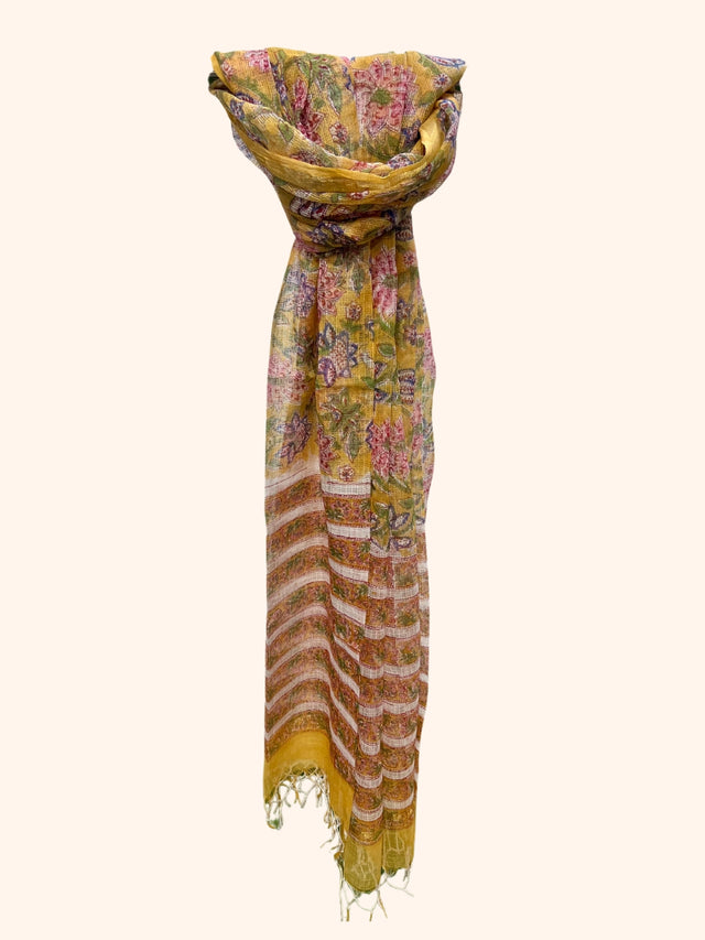 Mustard Yellow Floral Block Print Kota Doria Dupatta