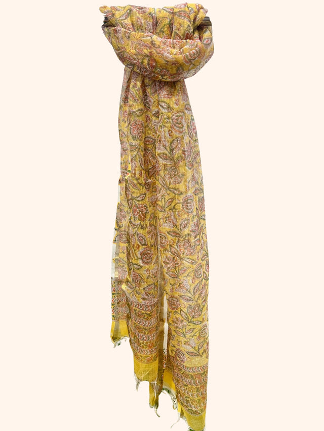 Yellow Floral Block Print Kota Doria Dupatta