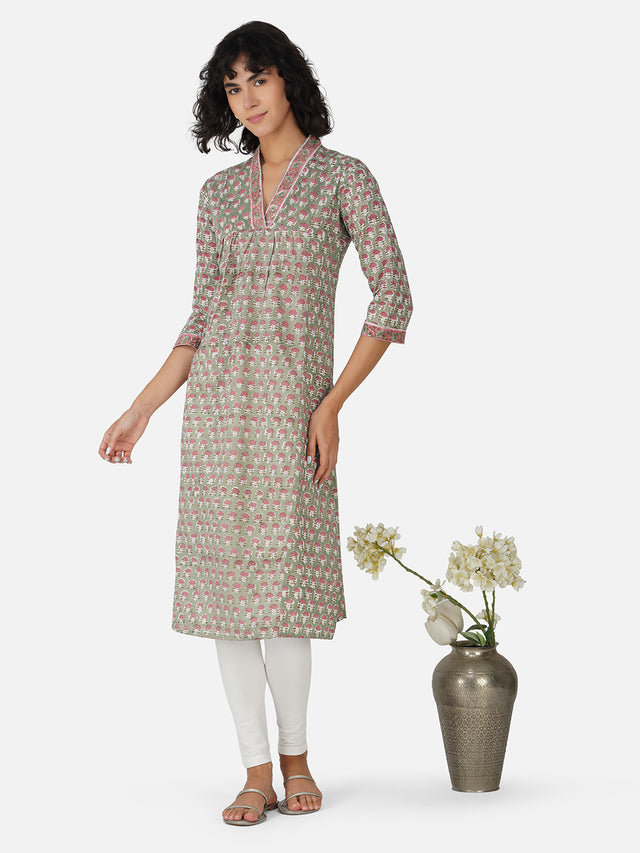 Green Floral Print Office Wear Kurta