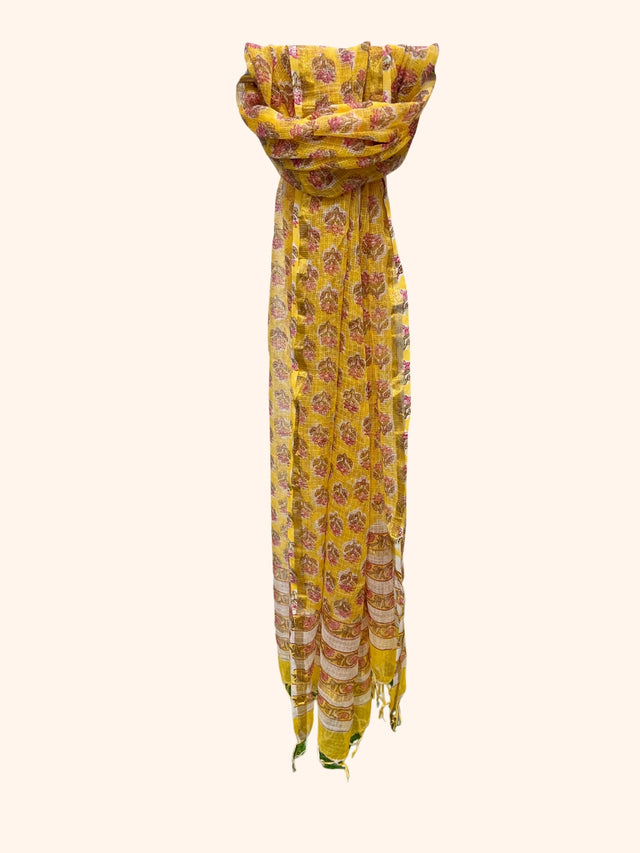 Yellow Block print Kota Doria Dupatta